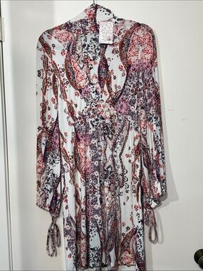 Free People Paisley Print V-Neck Long Sleeve Dress - White with Pink & Red